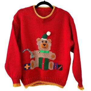 Ugly Christmas Sweater Red Teddy Bear Handmade Knit Womens Santa Gift Womens S M